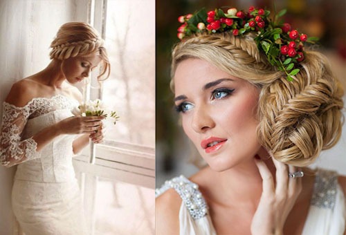 Популярные свадебные прически с плетением для длинных волос с челкой